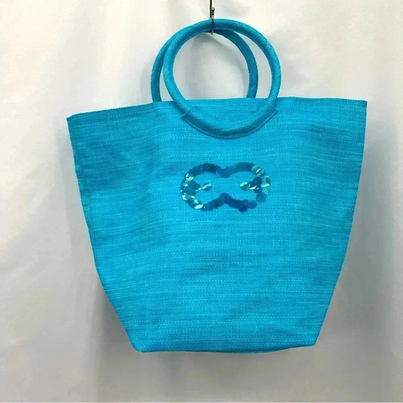 Escada Island Kiss Beach Bag Tote Light Blue Woven Two Handles - Picture 1 of 8